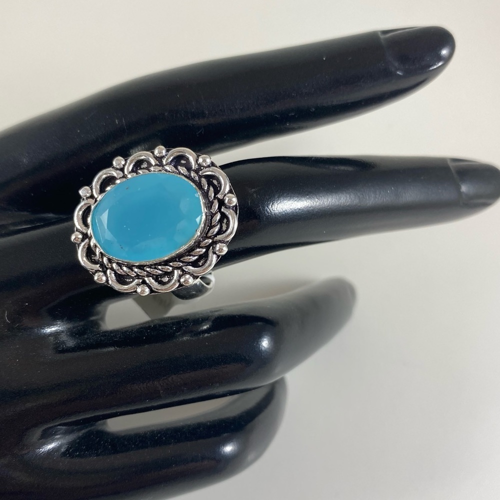 Ornate Aqua quartz cabochon German silver ring size 9 NEW